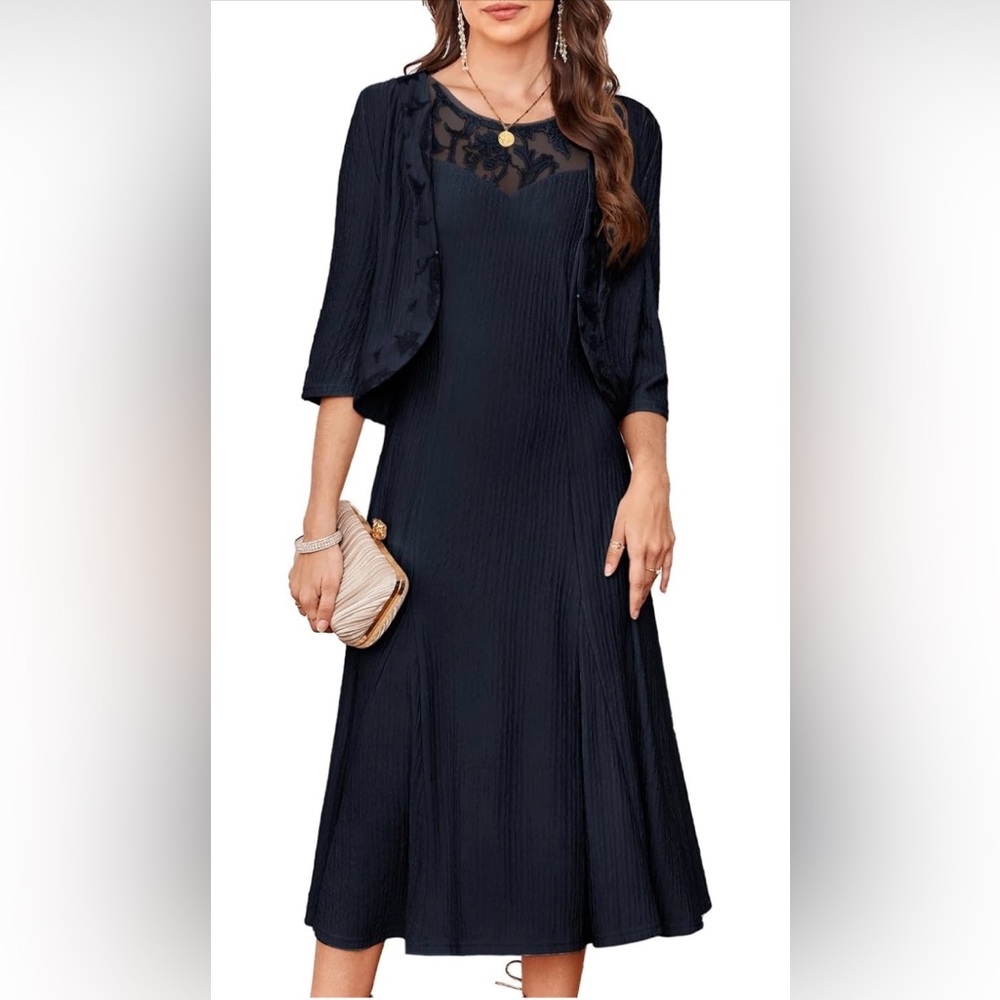 Grace Karin Navy Blue Midi Dress with Lace Yoke and Bolero